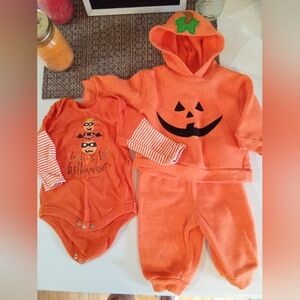 3-6mo Baby Pumpkin Hoodie Sweat Shirt Pants Set and Halloween Onezie Outfit 3Pcs